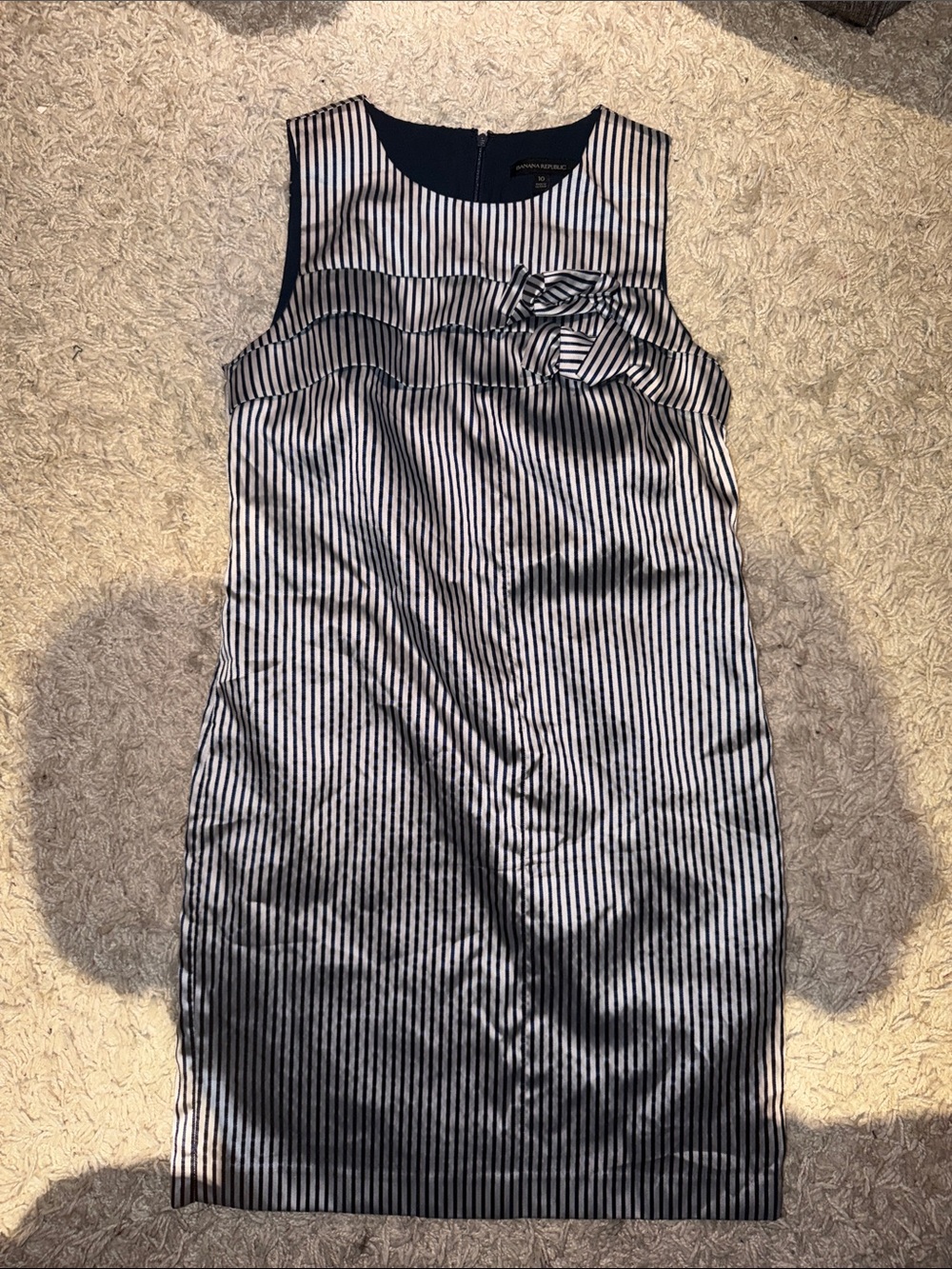 Banana Republic Navy and White Striped Sleeveless Shift Dress with Bow Detail